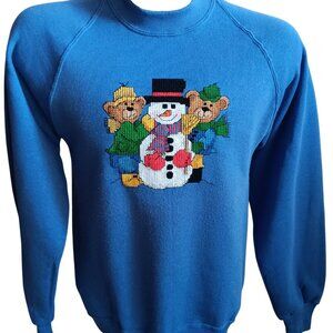 Vtg Womens Medium Sweatshirt Snowman 90's Jerzees Bears Christmas Embroidery